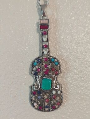 Colorful Jeweled Violin Pendant Necklace